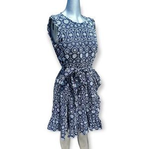Navy Floral Tie-Waist Sleeveless Dress